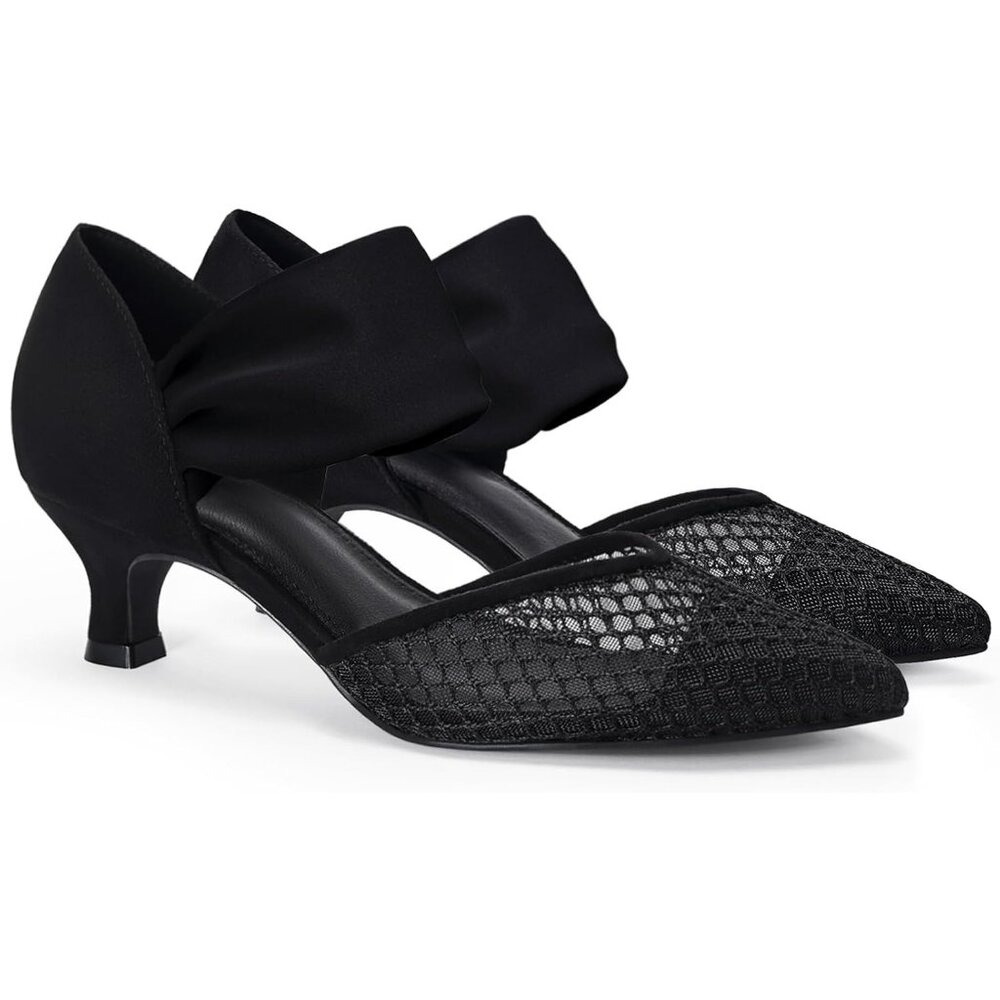 Women's Mesh Black Low Kitten Heel Dress Shoes Pointed Toe Slip On Ankle Strap